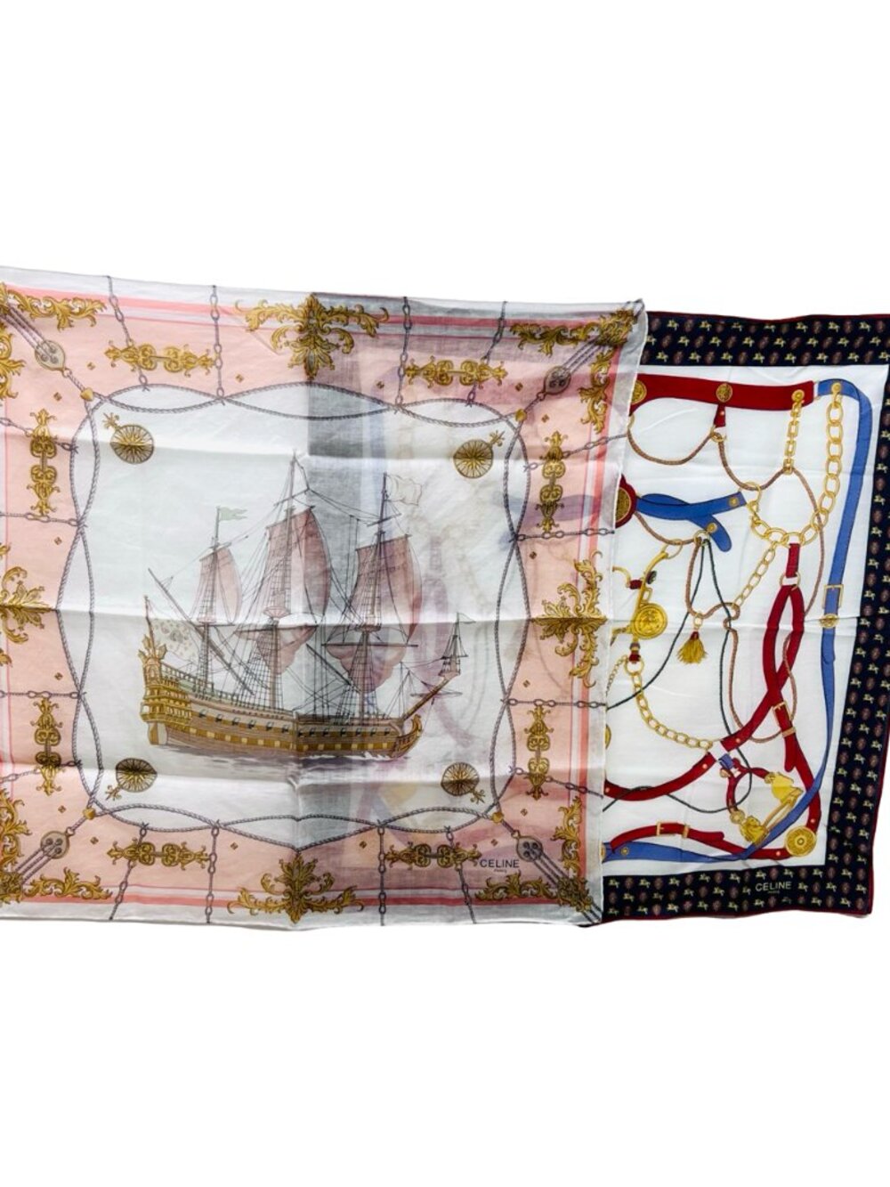 2) Celine Paris Neck-kerchief Cotton made 18.5" white blue red gold chain (89 - Picture 8 of 11
